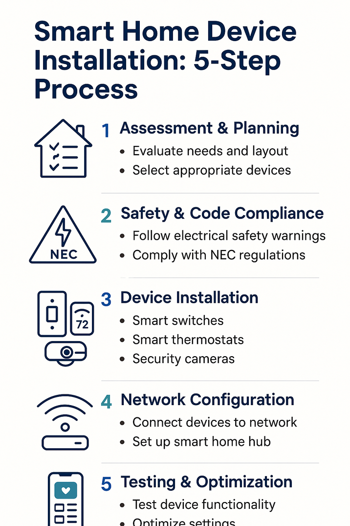 Smart Home Device Installation 5-Step Process infographic showing: 1) Assessment & Planning, 2) Safety & Code Compliance, 3) Device Installation, 4) Network Configuration, 5) Testing & Optimization