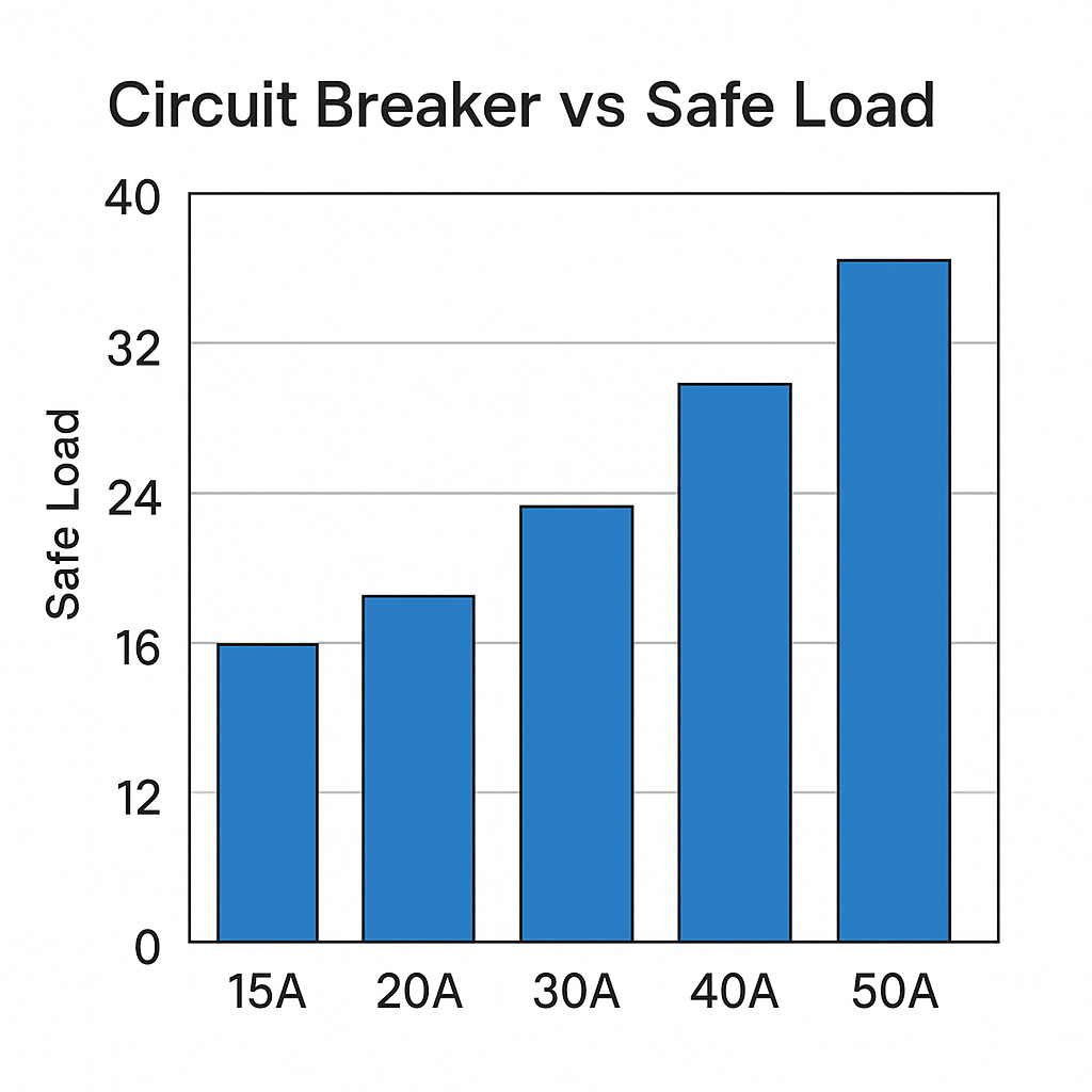 Chart showing the relationship between circuit breaker size and maximum safe electrical load, demonstrating the 80% safety rule for continuous loads