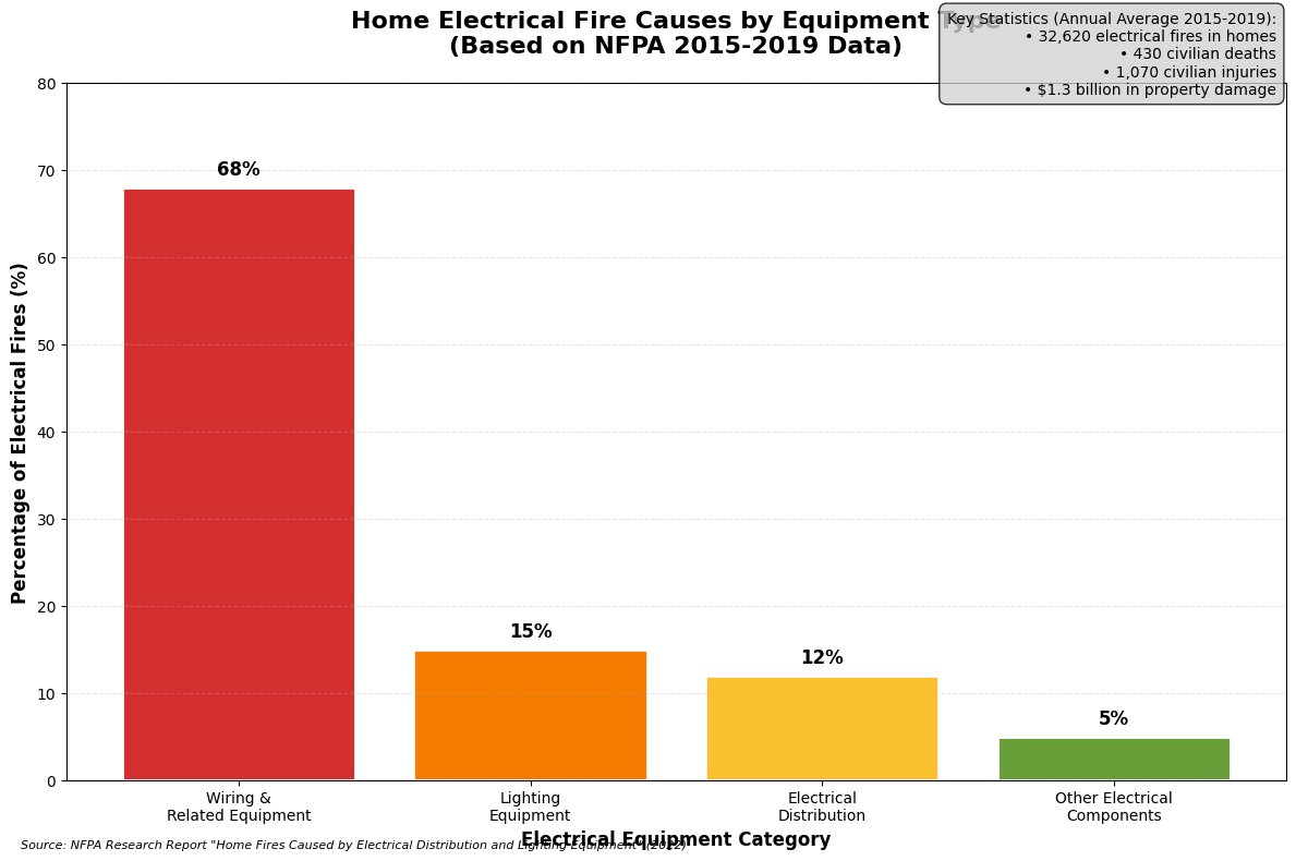 Chart showing home electrical fire causes by equipment type, with wiring and related equipment accounting for 68% of electrical fires, lighting equipment 15%, electrical distribution 12%, and other electrical components 5%
