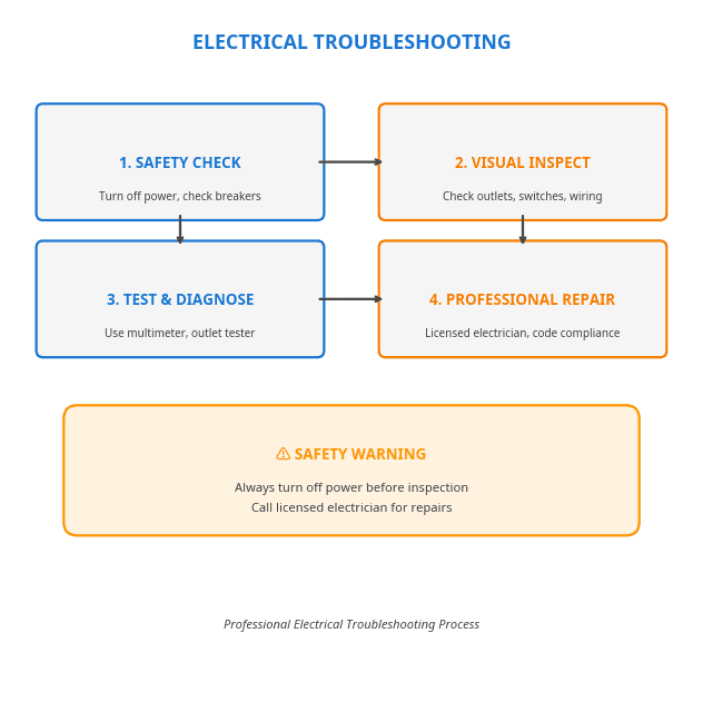 Infographic showing 4-step electrical troubleshooting process: 1) Safety Check - turn off power and check breakers, 2) Visual Inspect - check outlets, switches, and wiring, 3) Test & Diagnose - use multimeter and outlet tester, 4) Professional Repair - licensed electrician ensures code compliance
