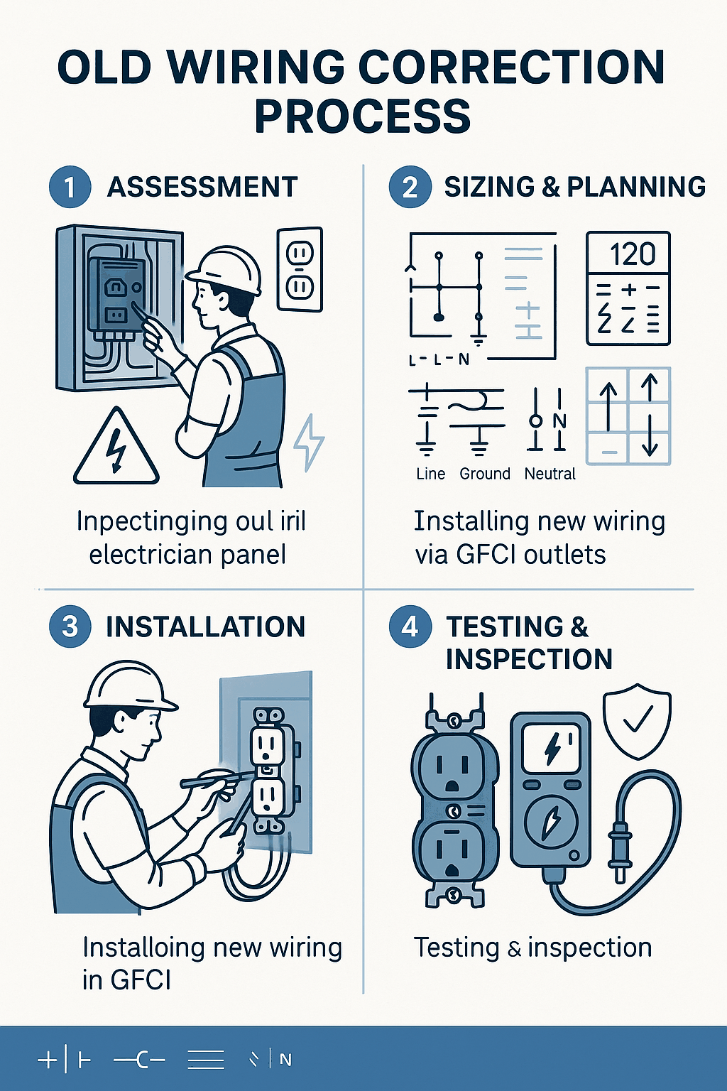Four-step old wiring correction process infographic showing assessment, sizing and planning, installation, and testing phases