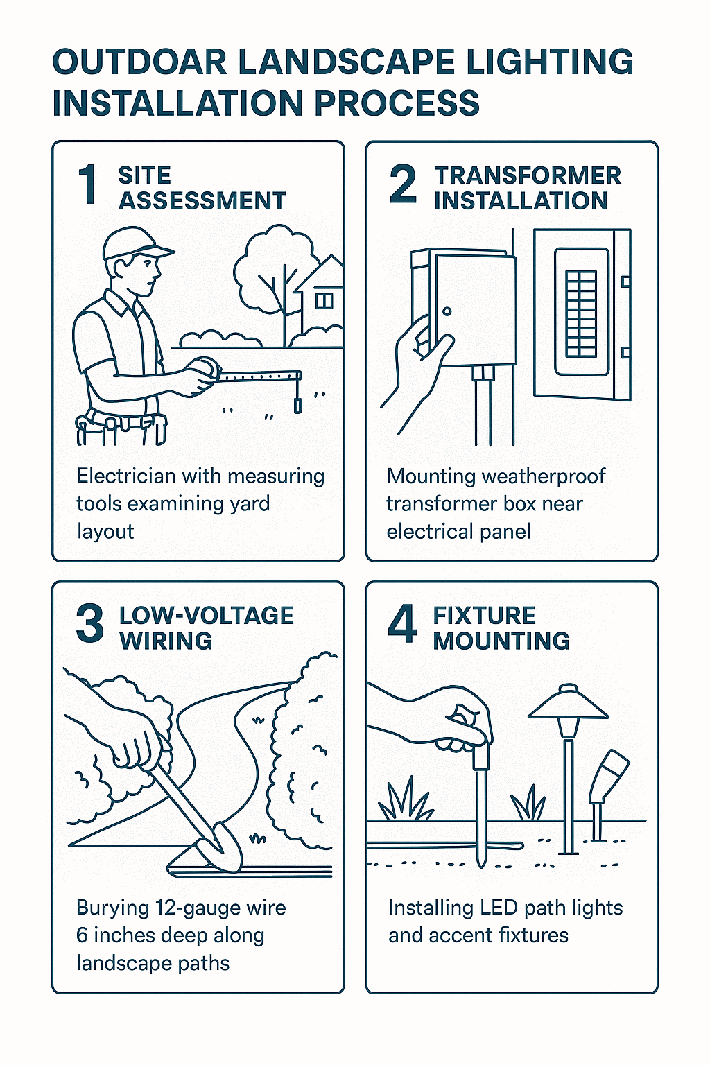 Four-step outdoor landscape lighting installation process infographic showing site assessment, transformer installation, low-voltage wiring burial, and LED fixture mounting with technical specifications