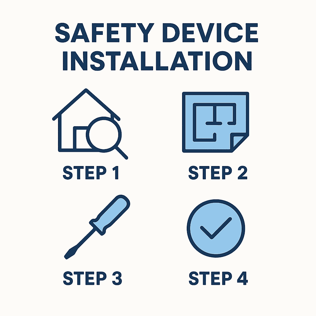 Four-step safety device installation process showing assessment, planning, installation, and testing phases