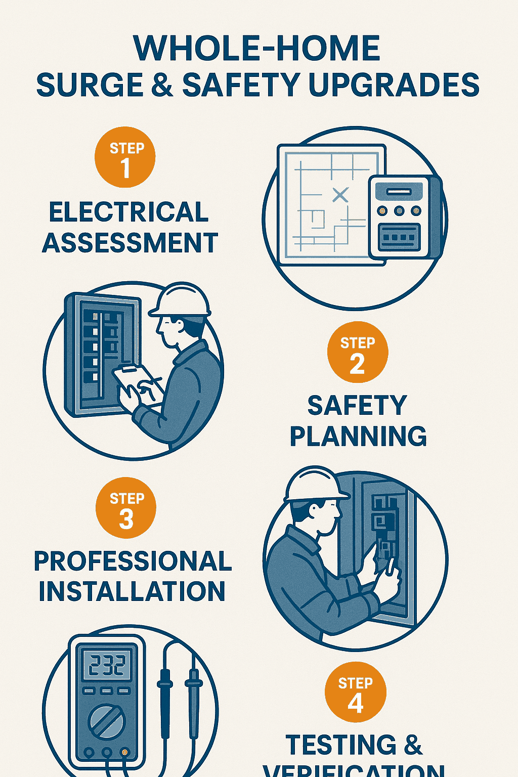 Four-step whole-home surge and safety upgrade installation process infographic showing electrical assessment, safety planning, professional installation, and testing verification