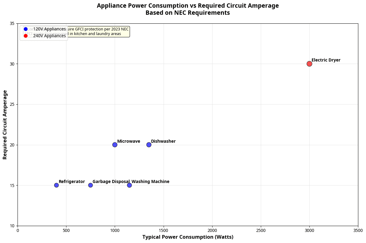 Chart showing appliance power consumption vs. required circuit amperage