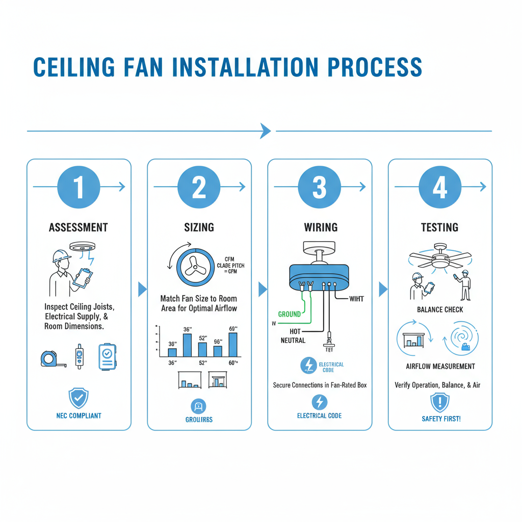 Professional infographic showing the 4-step ceiling fan installation process: Assessment, Sizing, Wiring, and Testing