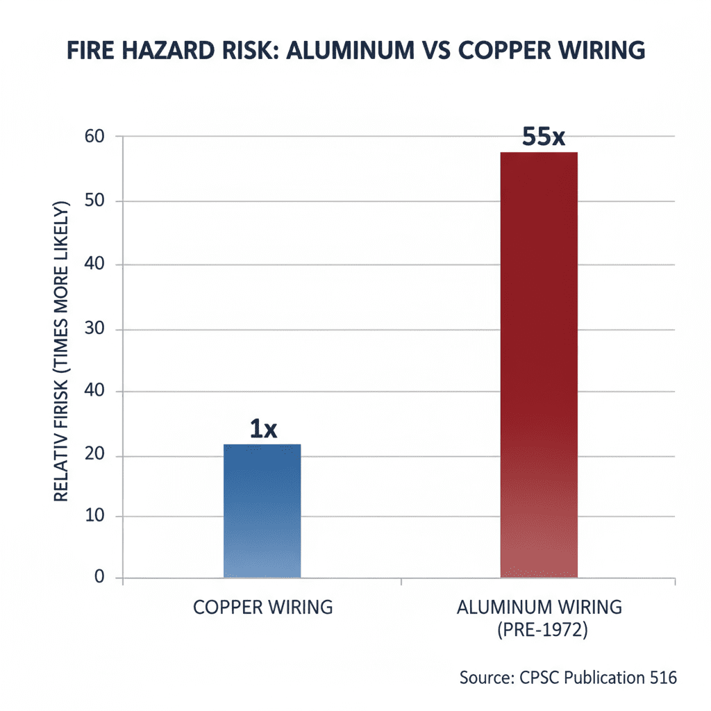 Bar chart showing fire hazard risk comparison between aluminum and copper wiring